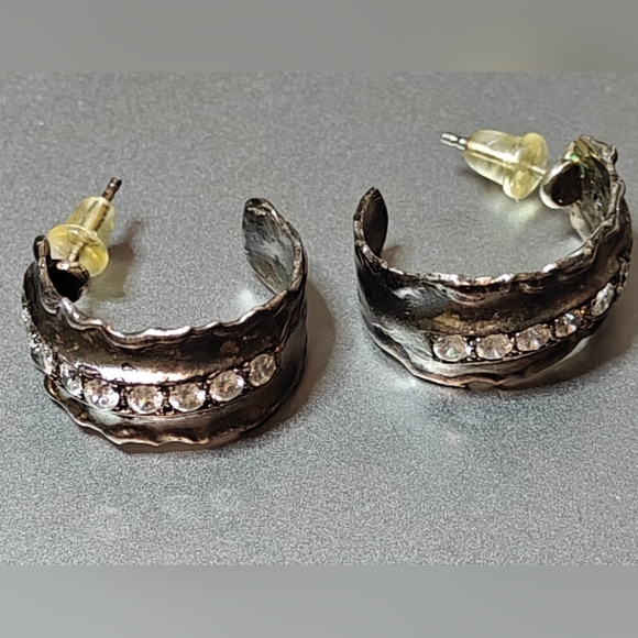 Modernist Antiqued Sterling Silver 925 Half Hoop Earrings with CZ Stones - Picture 9 of 16